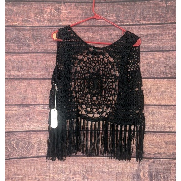 Open Knit Sweater Vest Black Size S/M Fringe Boho Festival Mandala - Picture 2 of 5